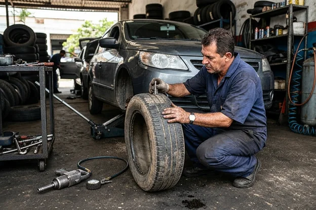 Mecânico inspecionando pneus de um carro em uma borracharia.