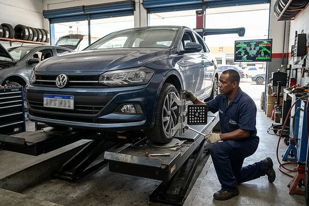 Técnico ajustando alinhamento de rodas de um veículo em uma borracharia.
