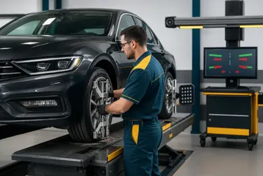 Técnico ajustando o alinhamento das rodas de um veículo.