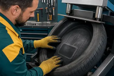 Técnico fazendo vulcanização de um pneu em um ambiente de borracharia.